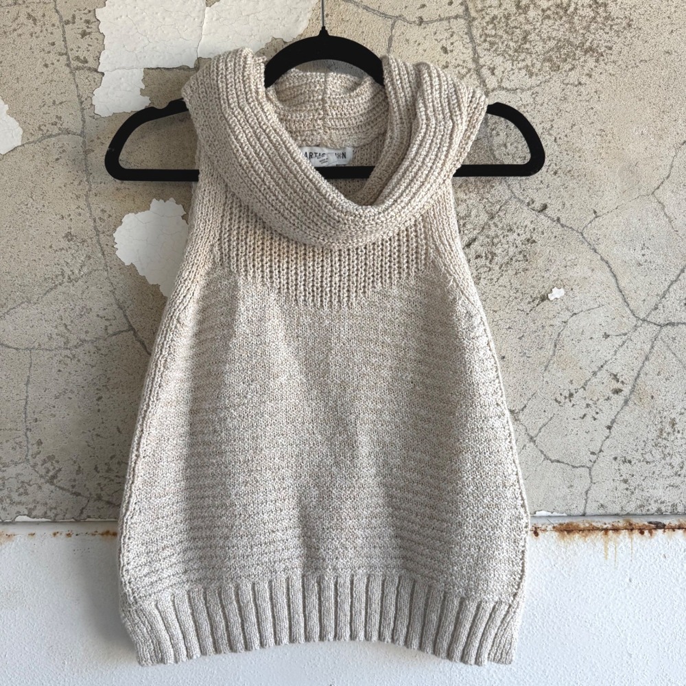 Sweater Vest Sleeveless Turtleneck Cowl Neck Chunky Knit Pullover Top Oatmeal XS